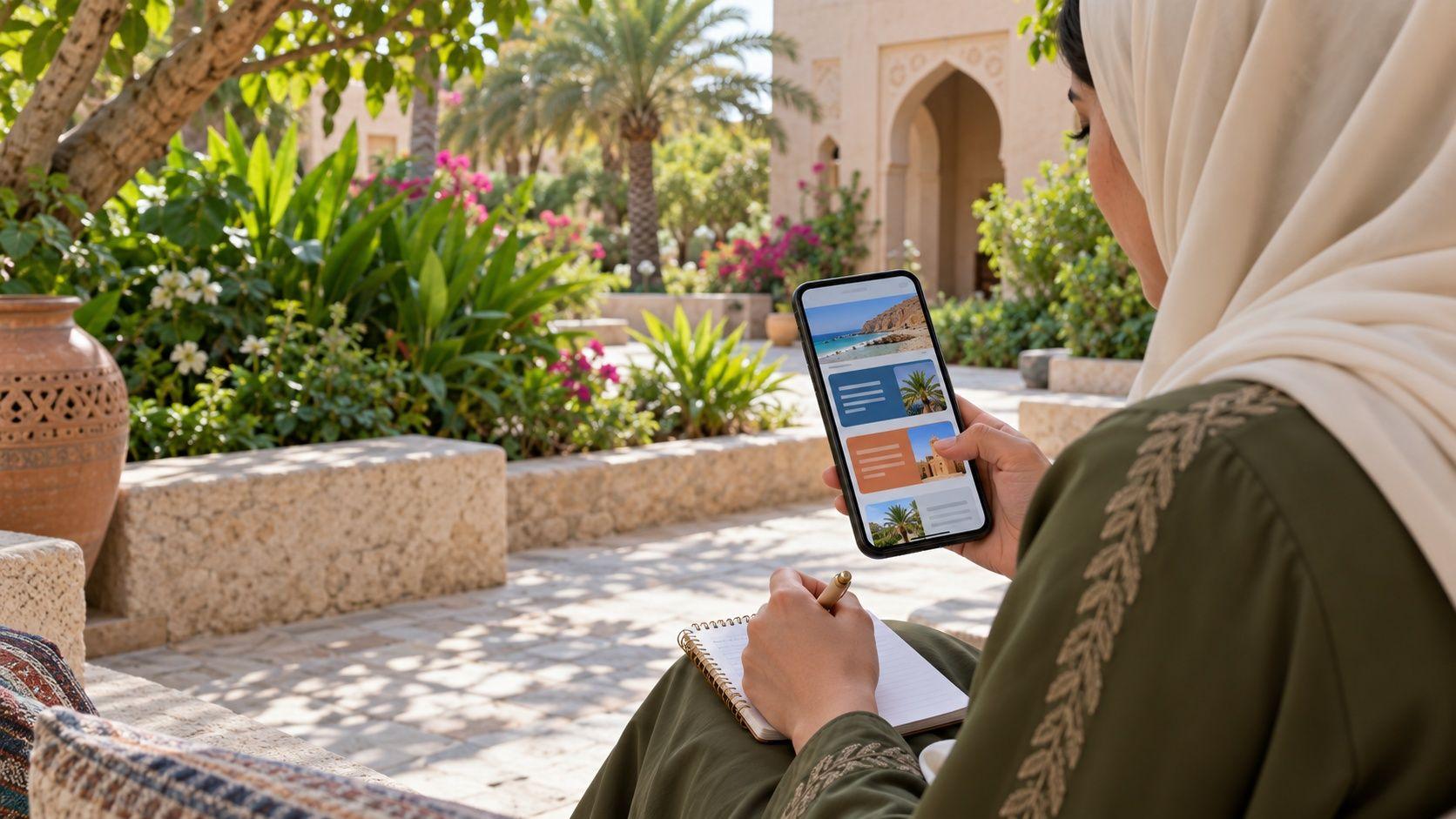 Generated Omani website editor testing public mobile content in a planted Salalah courtyard