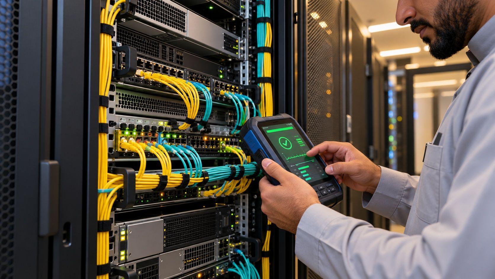 Generated close view of an Arab infrastructure engineer checking a network cabinet and diagnostic device