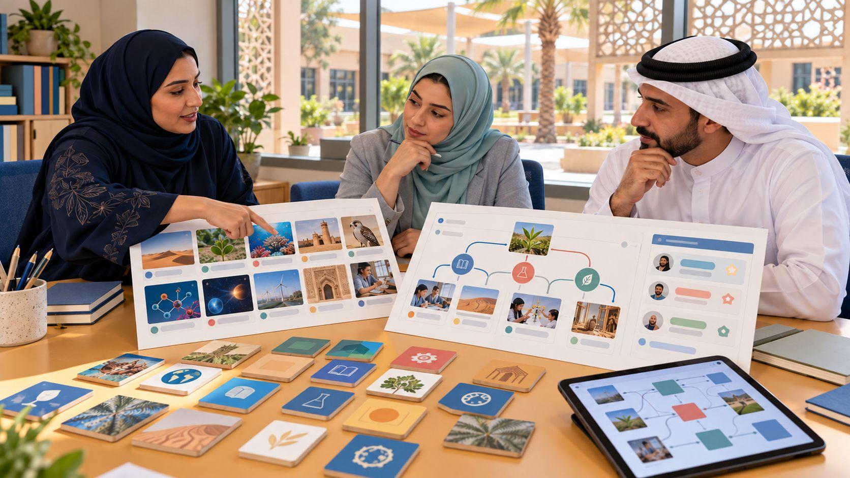 Generated Gulf school team comparing configurable course cards with a custom teaching workflow and dashboard