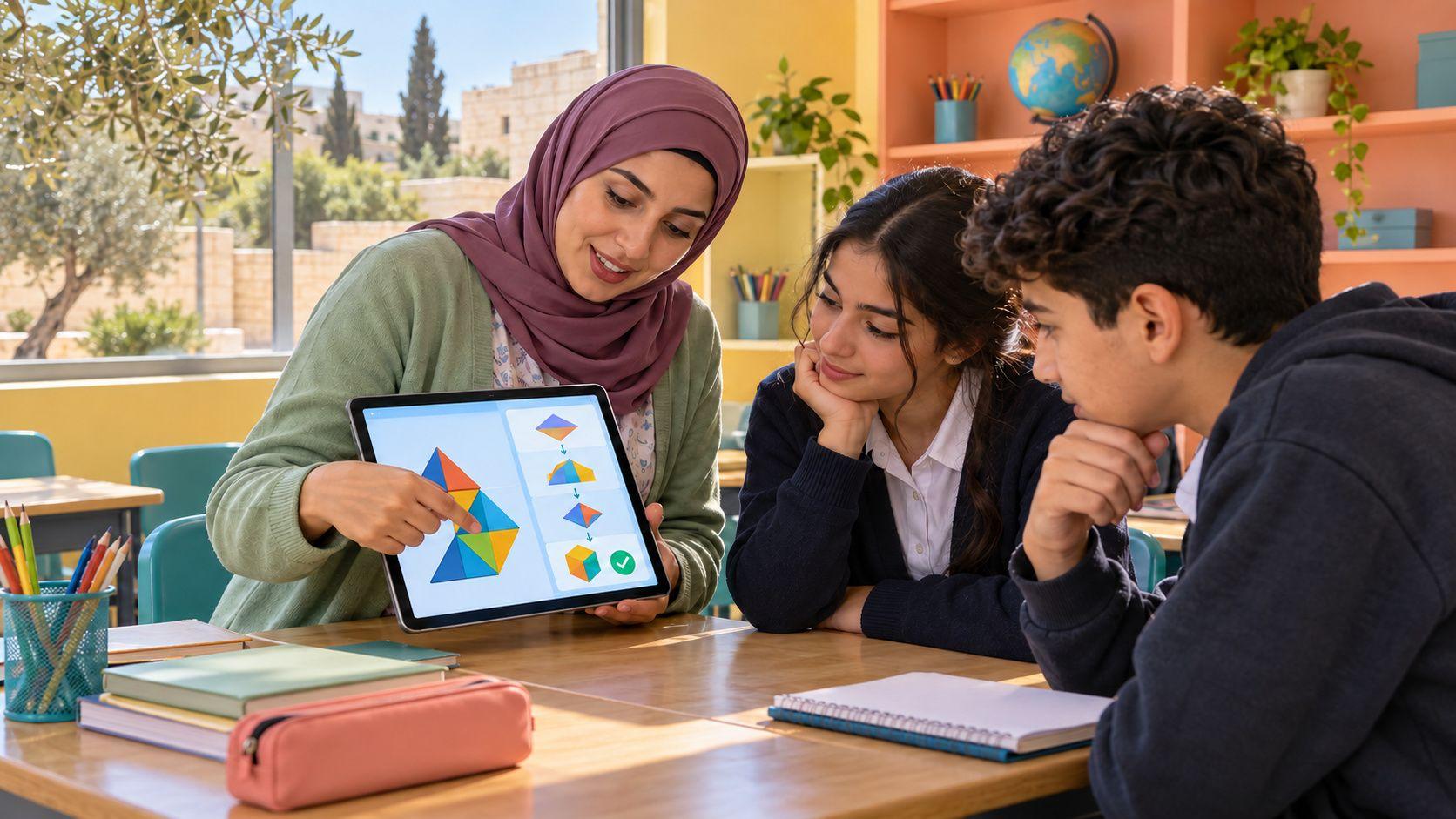 Generated Jordanian teacher and students testing a fictional classroom activity sequence
