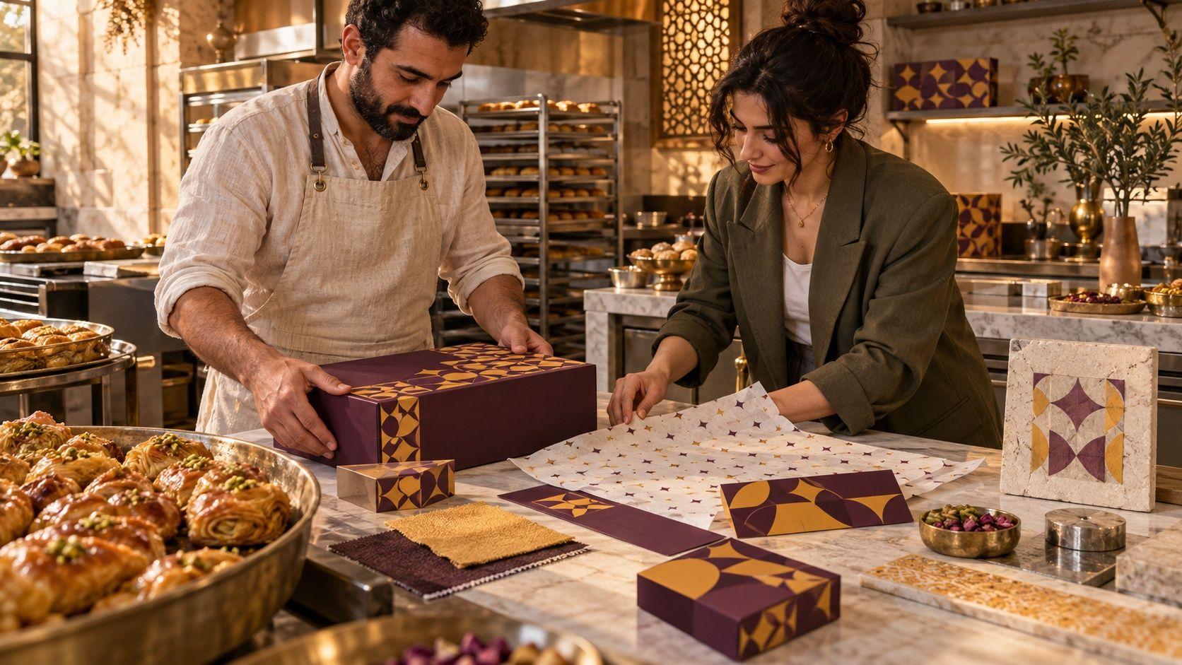 Generated Beirut bakery owner and designer checking consistent packaging and visual samples