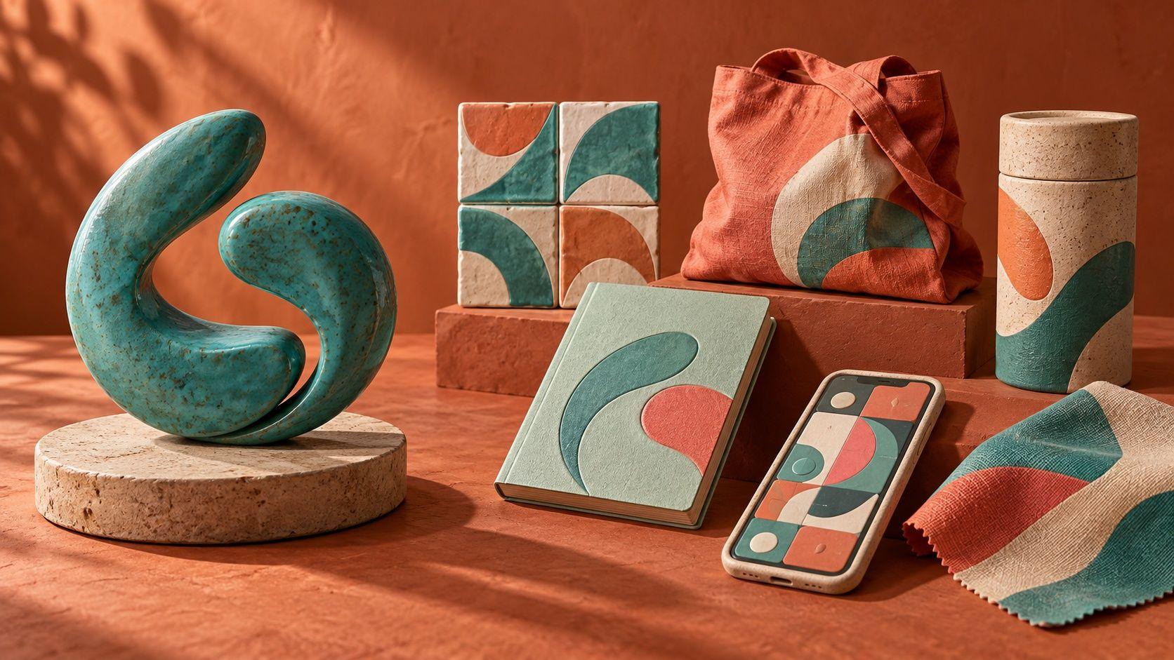 Generated ceramic concept contrasting one isolated symbol with coordinated practical identity objects
