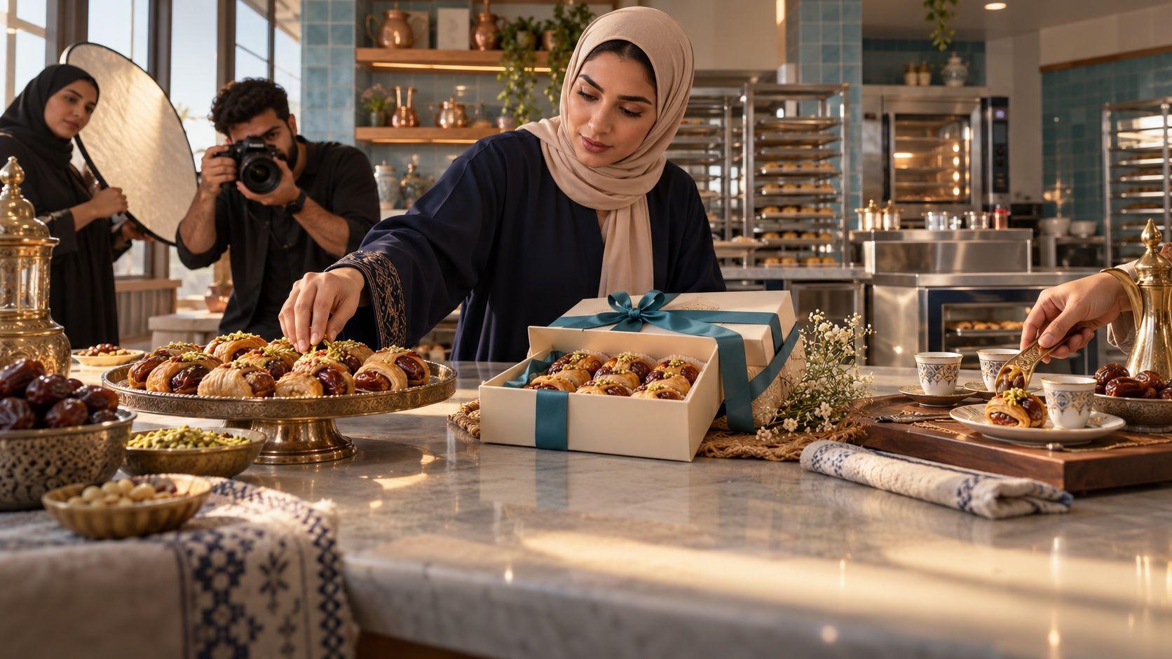 Generated Kuwaiti bakery owner preparing three creative approaches to advertise one pastry offer