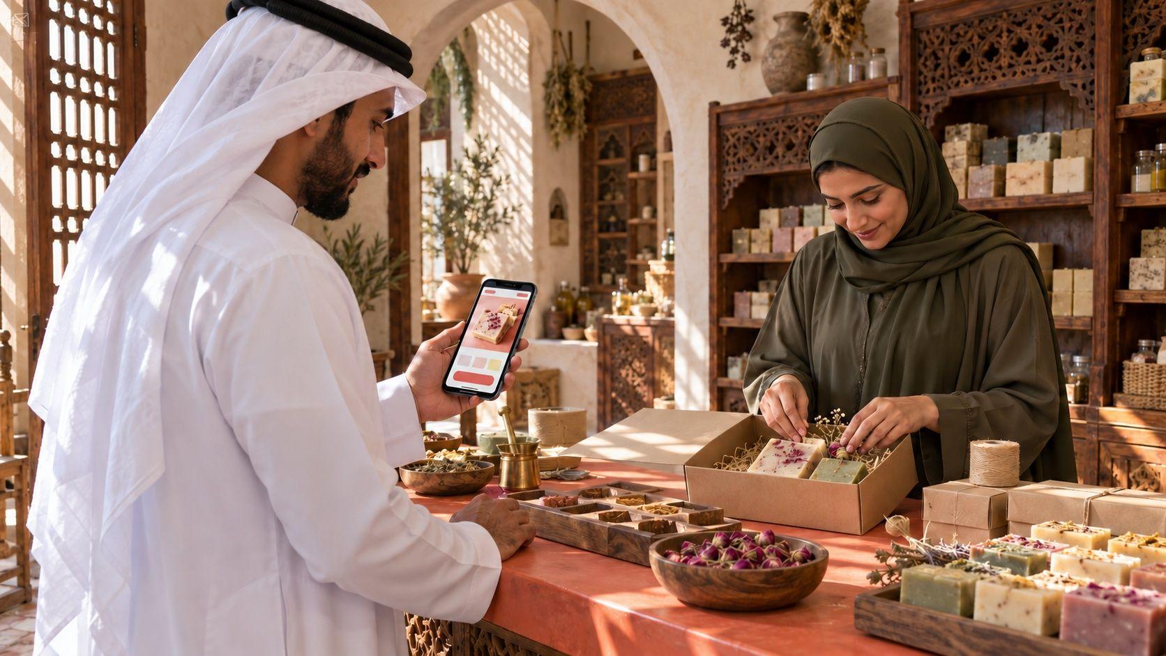 Bahraini shop owner reviewing a mobile order as a colleague packs handmade soap in a Muharraq boutique