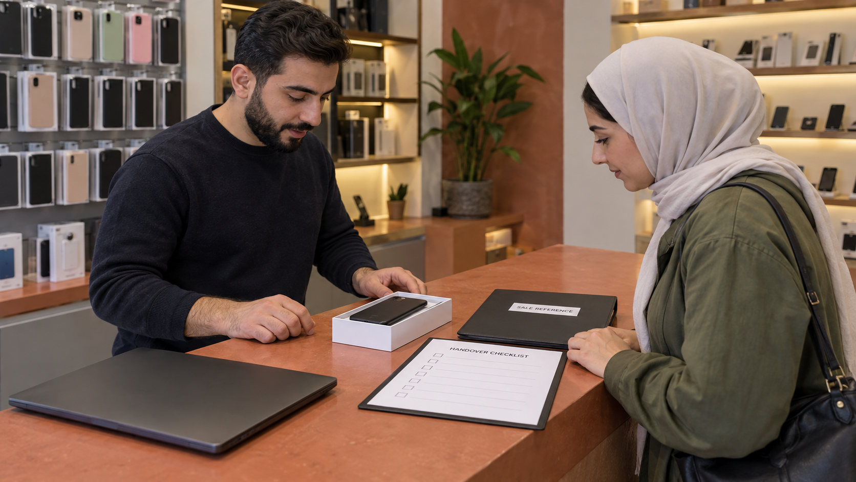 Matching a boxed phone to a sale reference and blank handover checklist