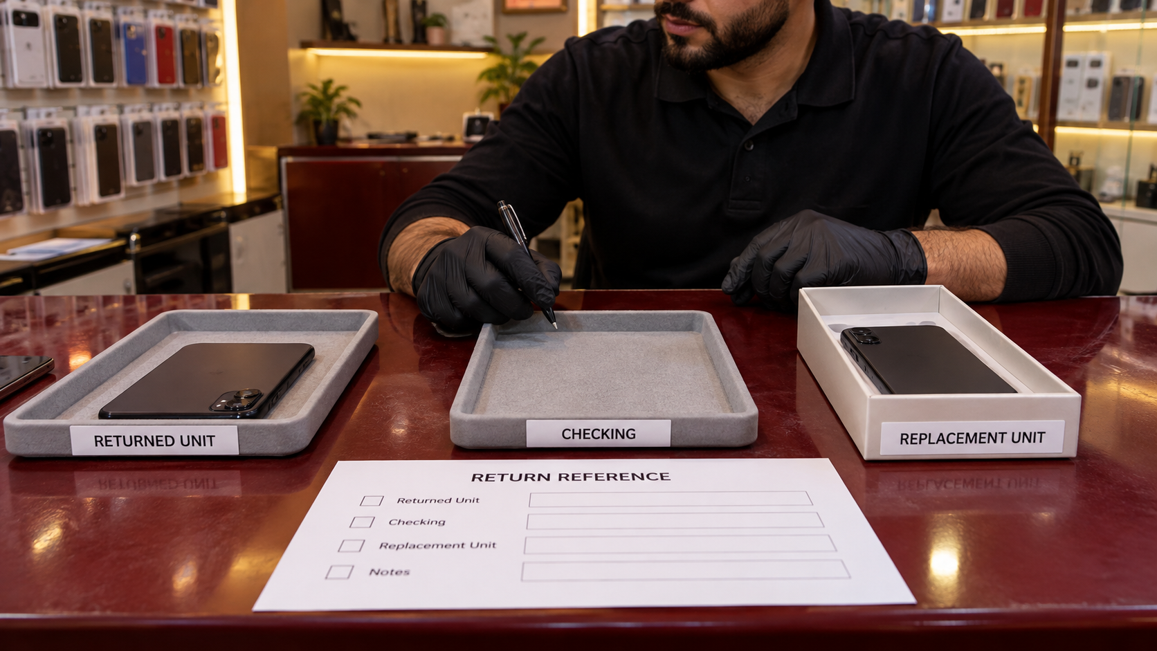 Separating a returned device, an empty checking tray and a replacement unit