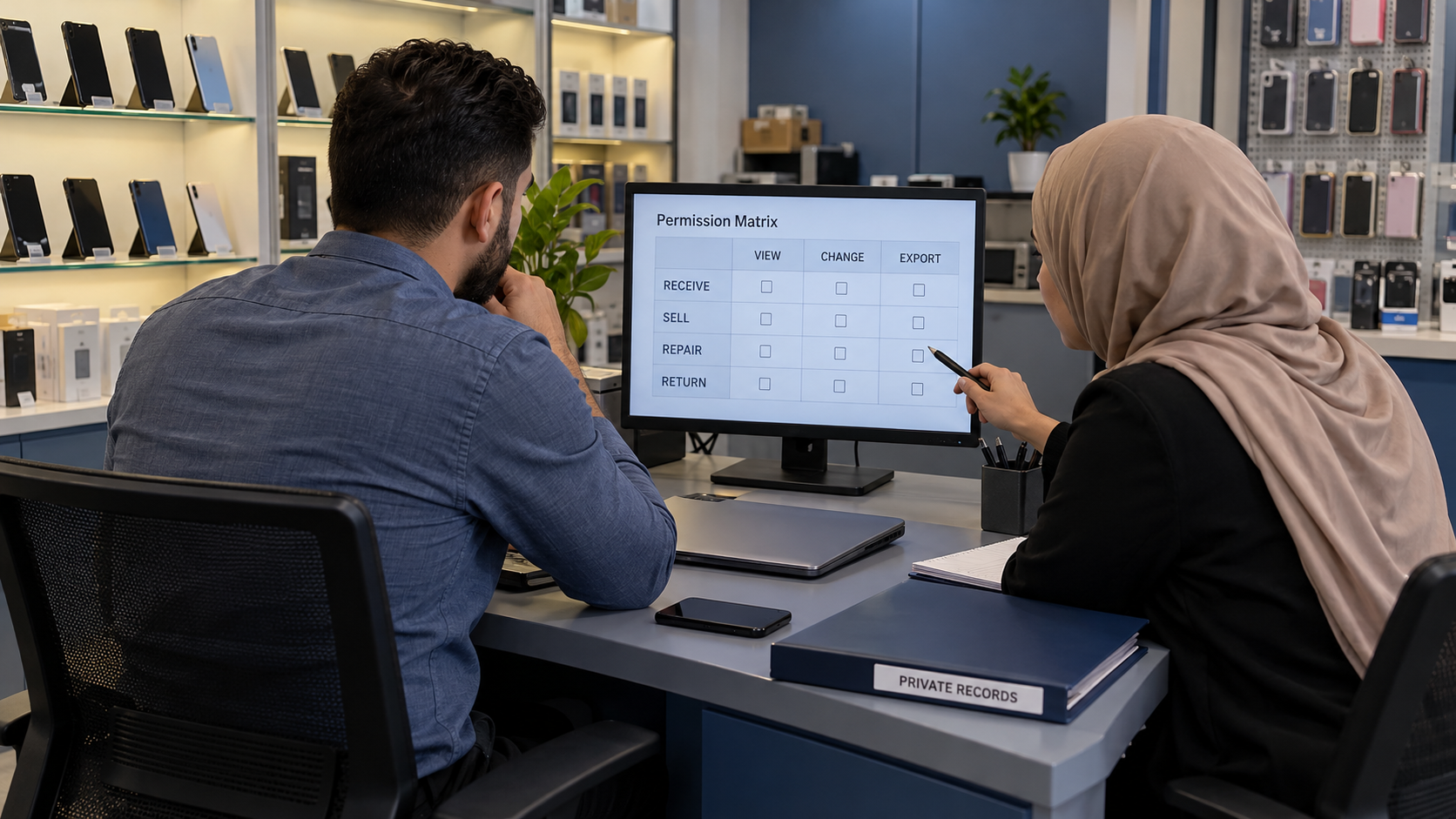 Preparing a blank permissions matrix for device records, sales and repairs