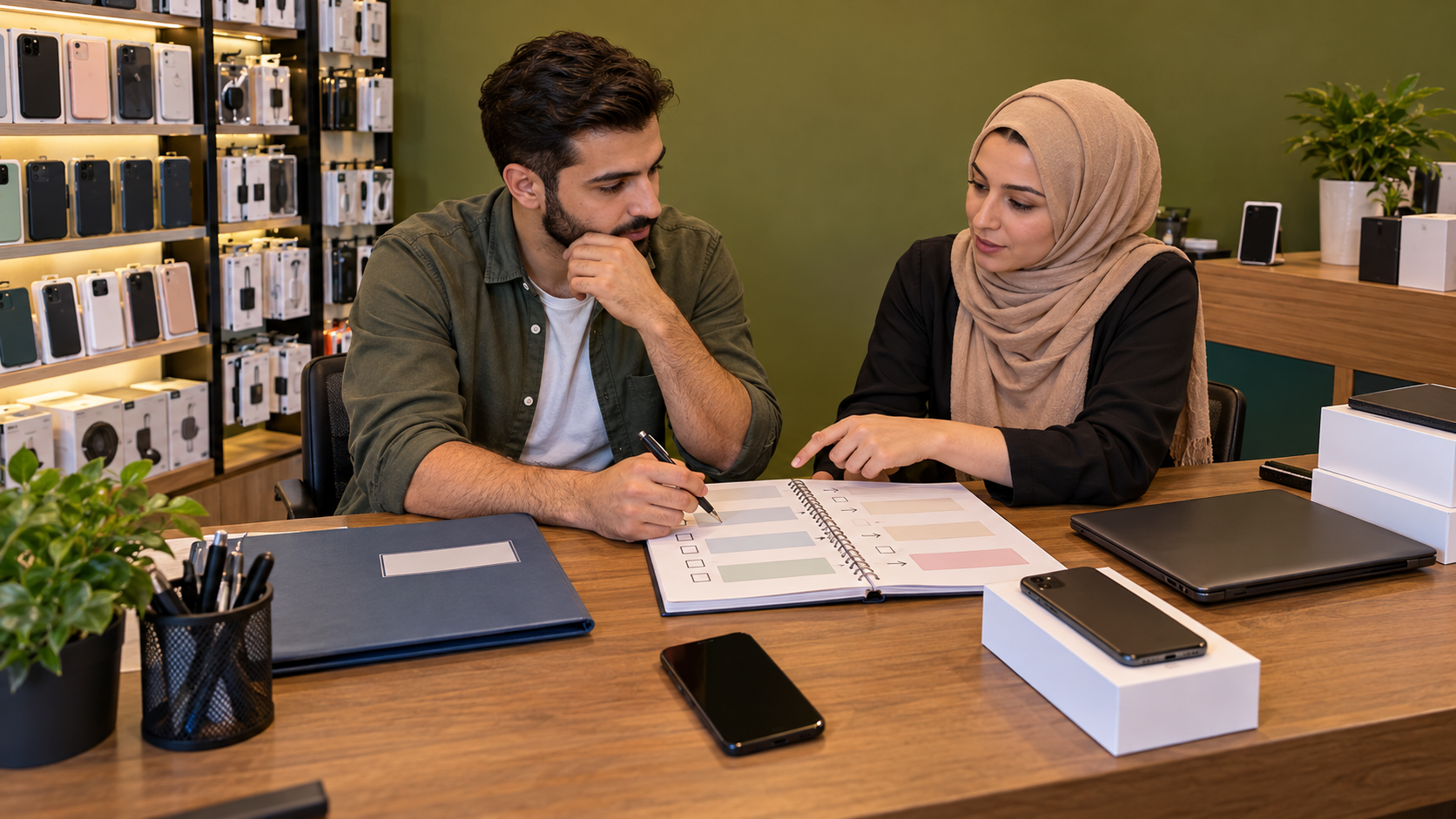 Planning shop records with generic boxed devices and a blank workflow notebook