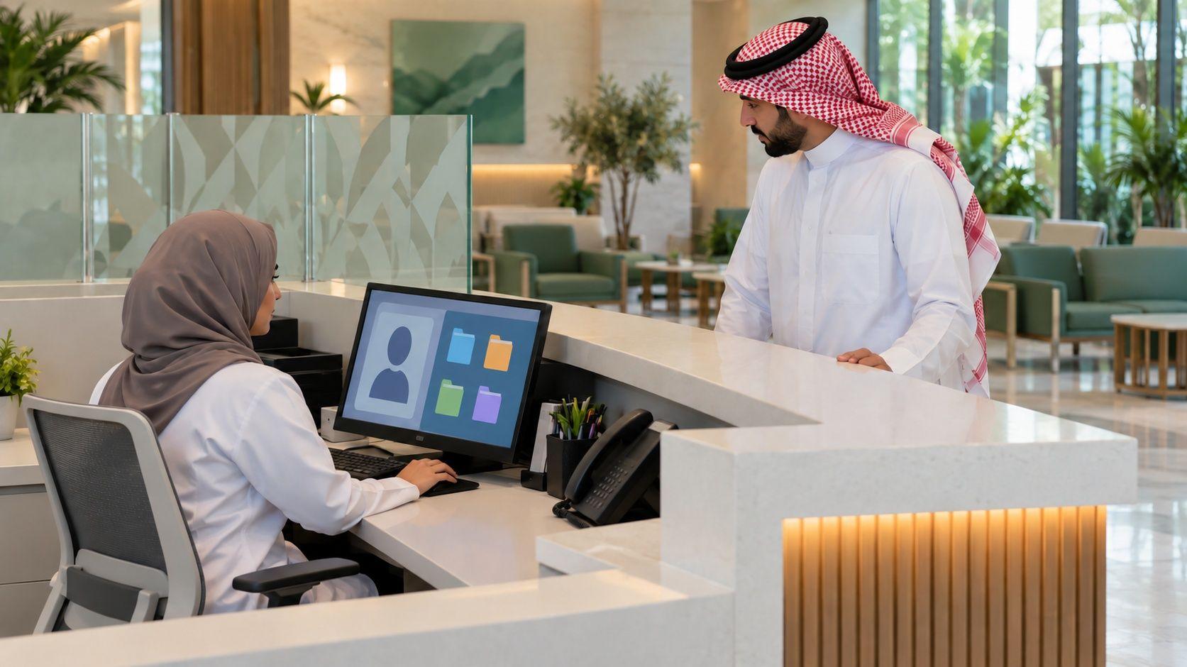 Generated Riyadh clinic manager reviewing an inward-facing reception display to reduce unintended viewing of patient information