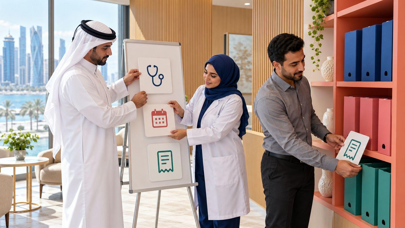 Generated Doha clinic staff training using symbolic physician, reception and administration role cards