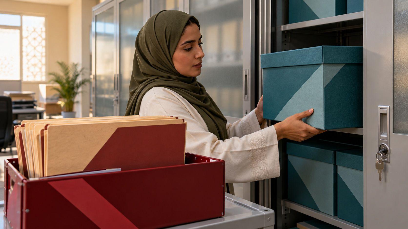Generated Muscat records-room scene distinguishing a closed archive box from separate files awaiting approved disposal