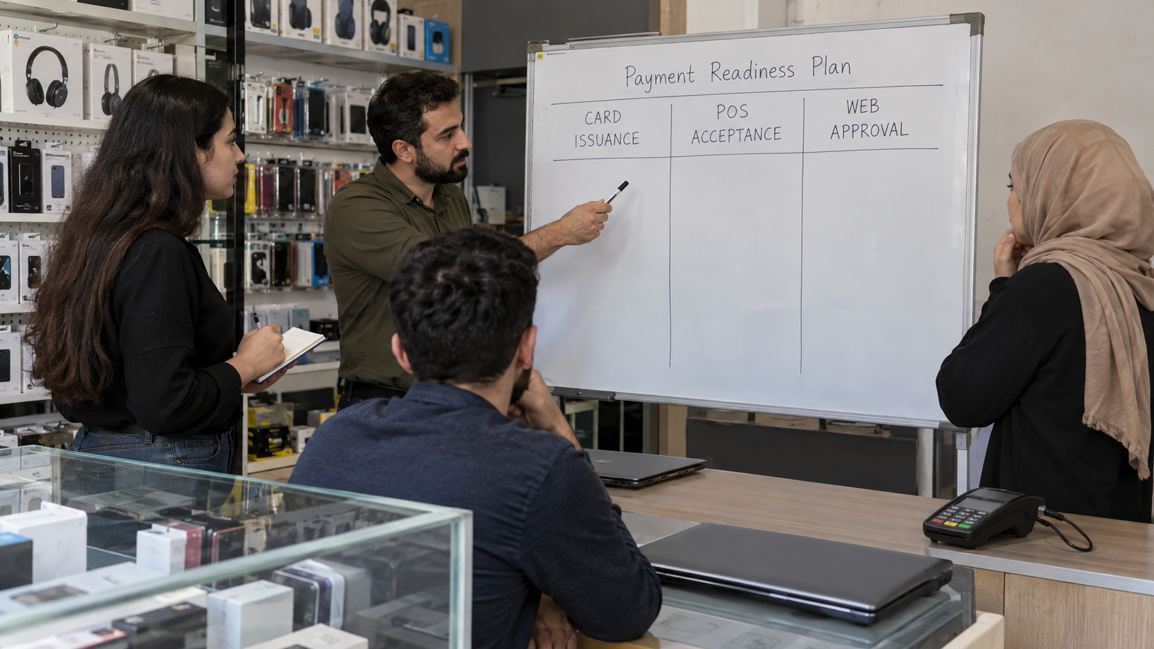 Fictional retail staff review card issuance, POS acceptance and web approval