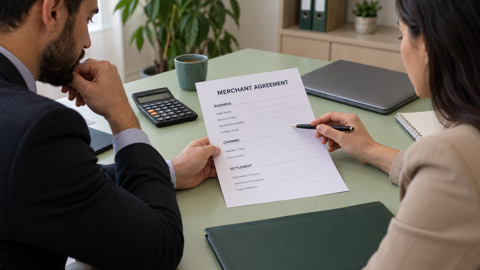 Reviewing an unsigned merchant agreement with channel and settlement fields