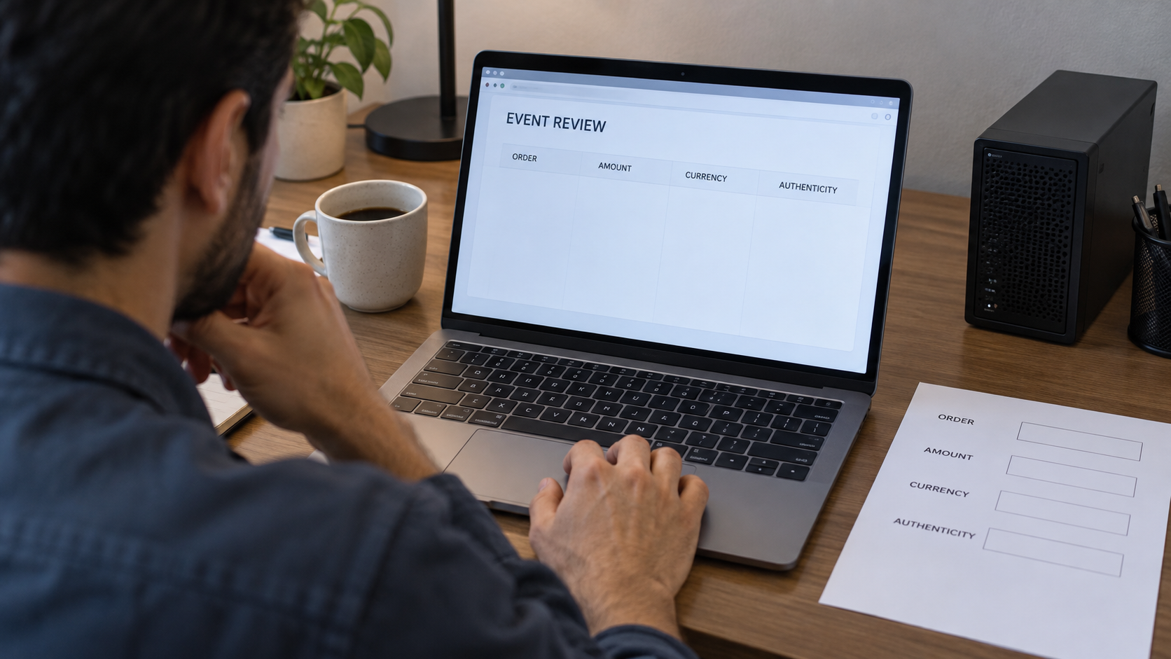 Engineer reviews an empty fictional payment-event table