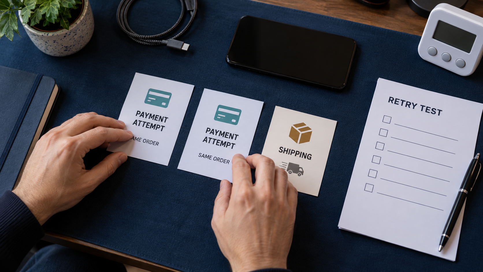Reviewing two fictional attempts for one order and an unchecked retry test