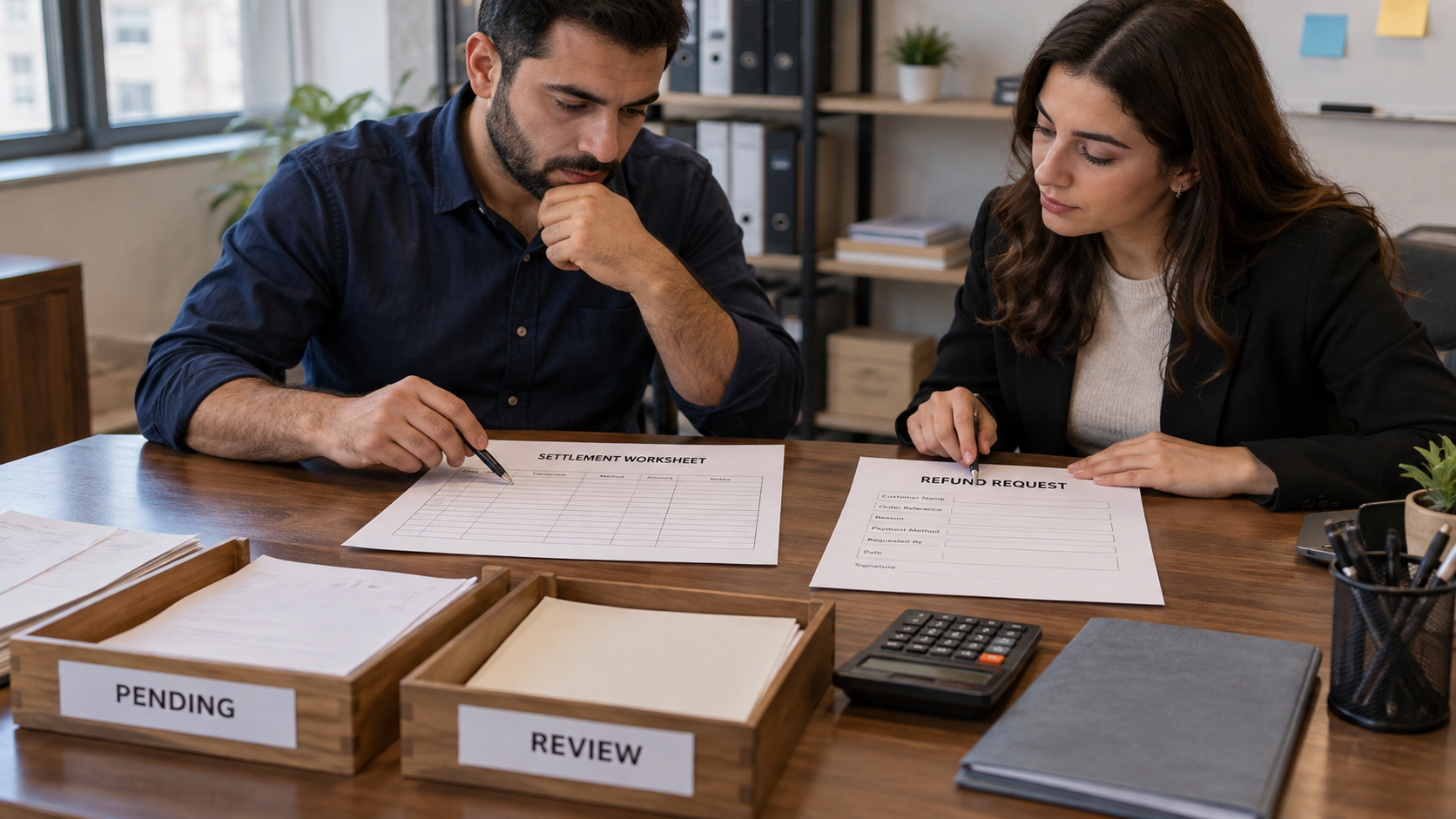 Merchant accountant compares an empty settlement sheet and refund request
