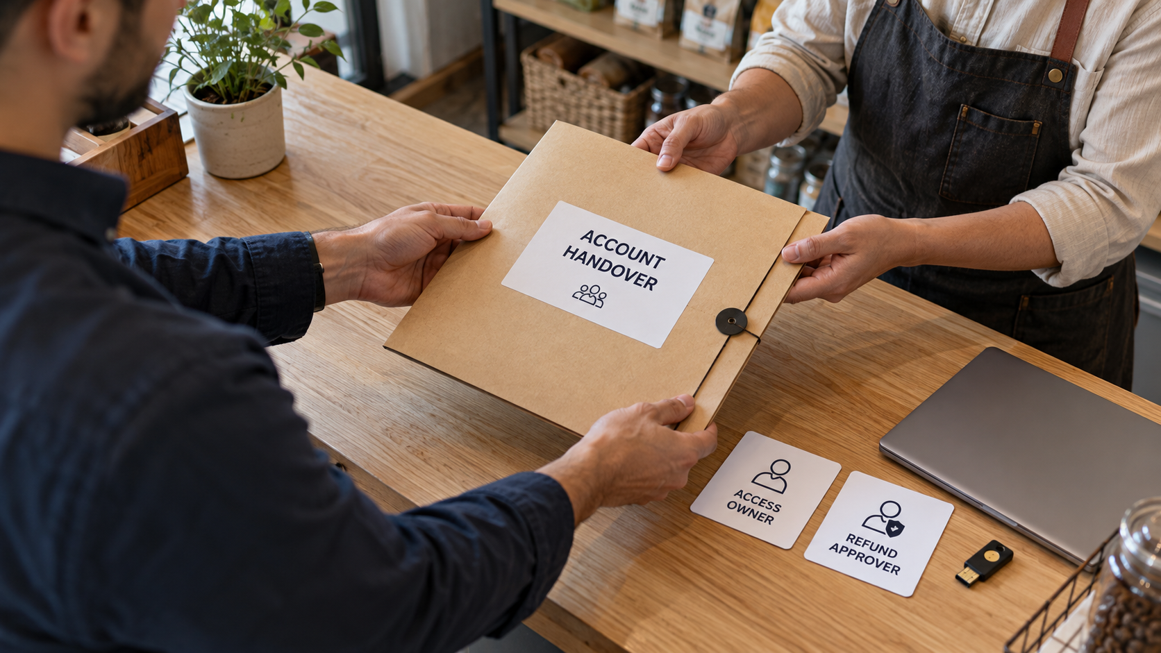 Preparing a sealed account-handover file and access-owner and refund-approver roles