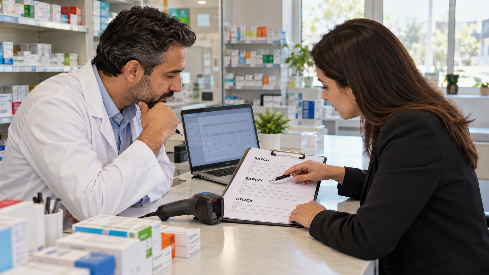 Pharmacy owner and analyst reviewing batch and expiry requirements