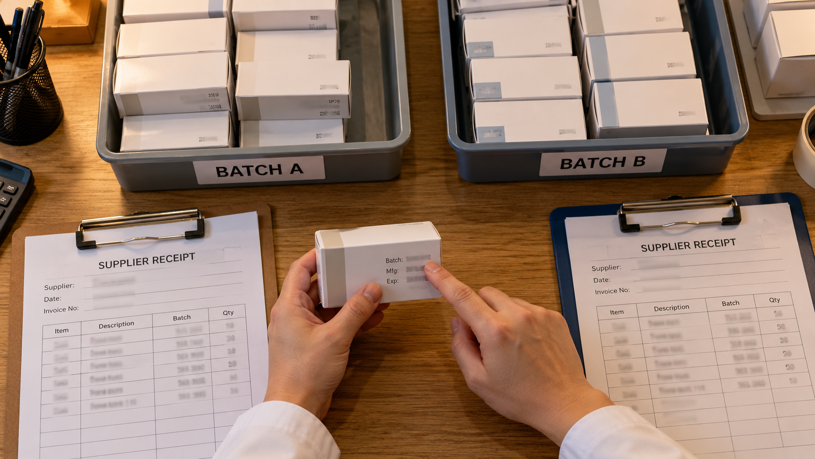 Two separate batch trays beside independent receiving documents