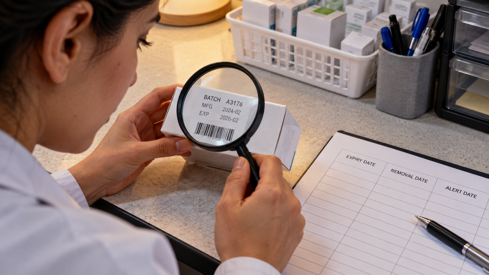 Review form separating expiry, removal and alert dates beside a carton