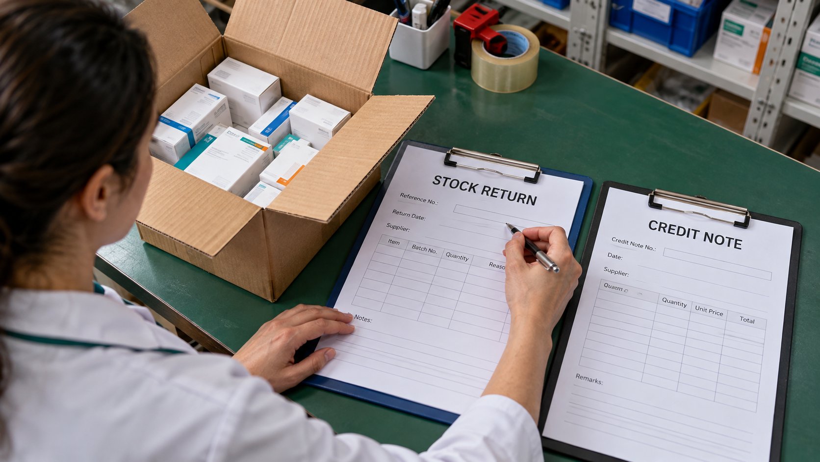 Return carton beside separate stock-return and financial-note documents