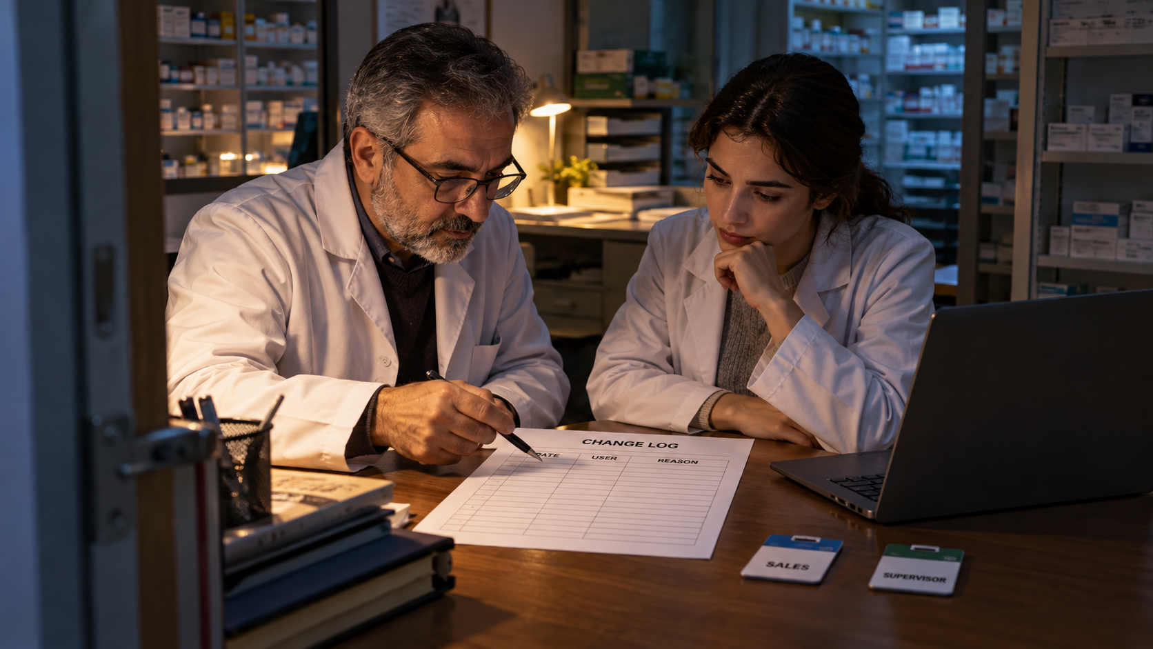 Senior pharmacist and colleague reviewing changes and staff-access roles