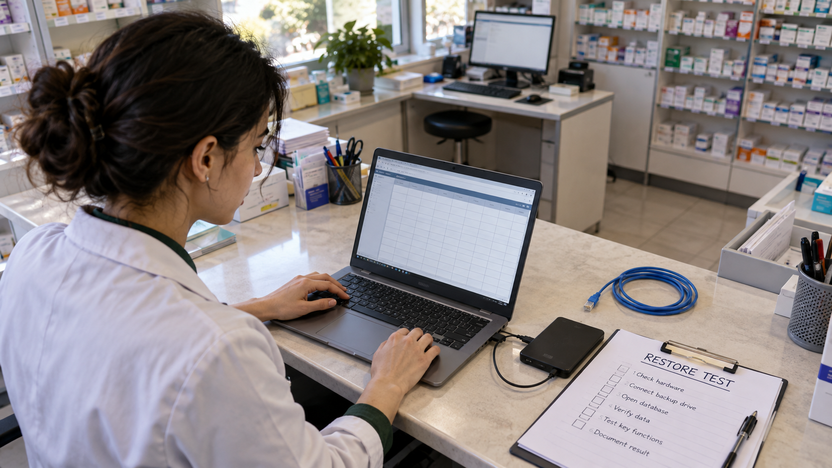 Separate laptop, backup drive and recovery-test checklist in a pharmacy