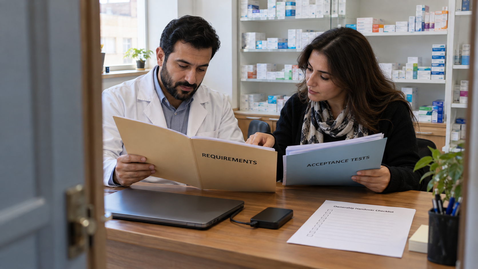Pharmacy owner and project lead reviewing requirements, tests and ownership