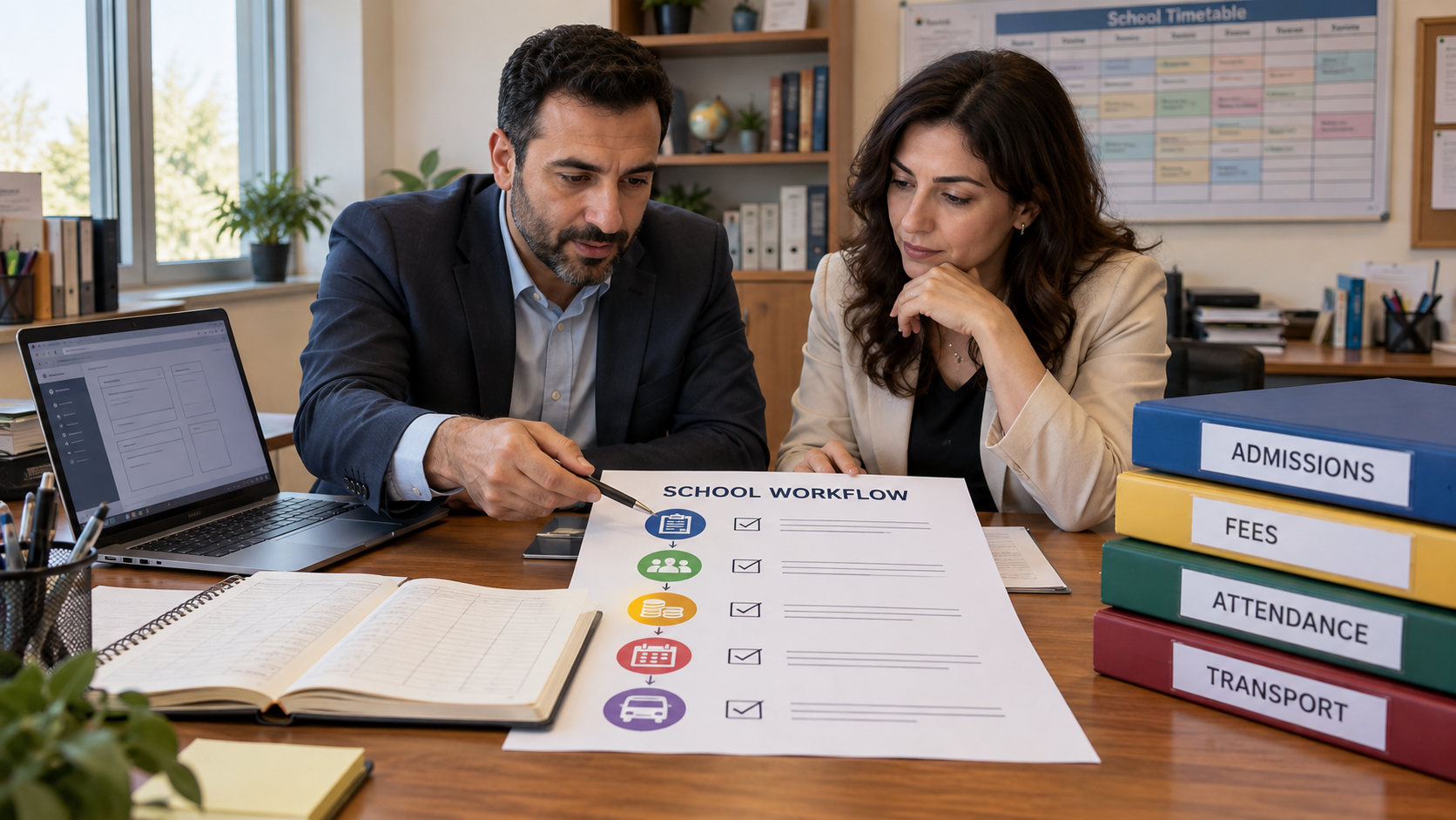 Administrators reviewing admissions, fees, attendance and transport requirements