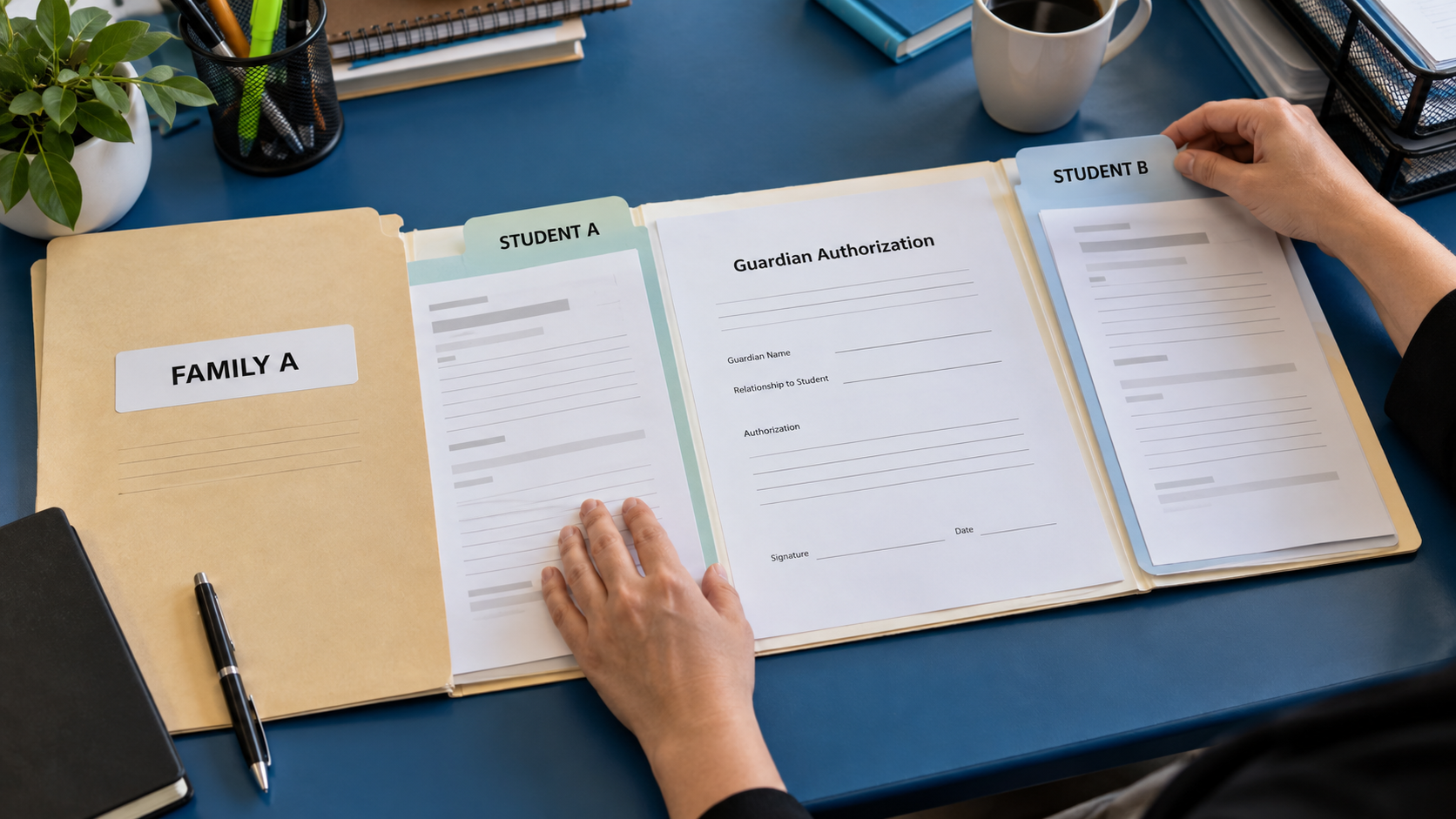 One family folder containing separate student records and a guardian authorization form