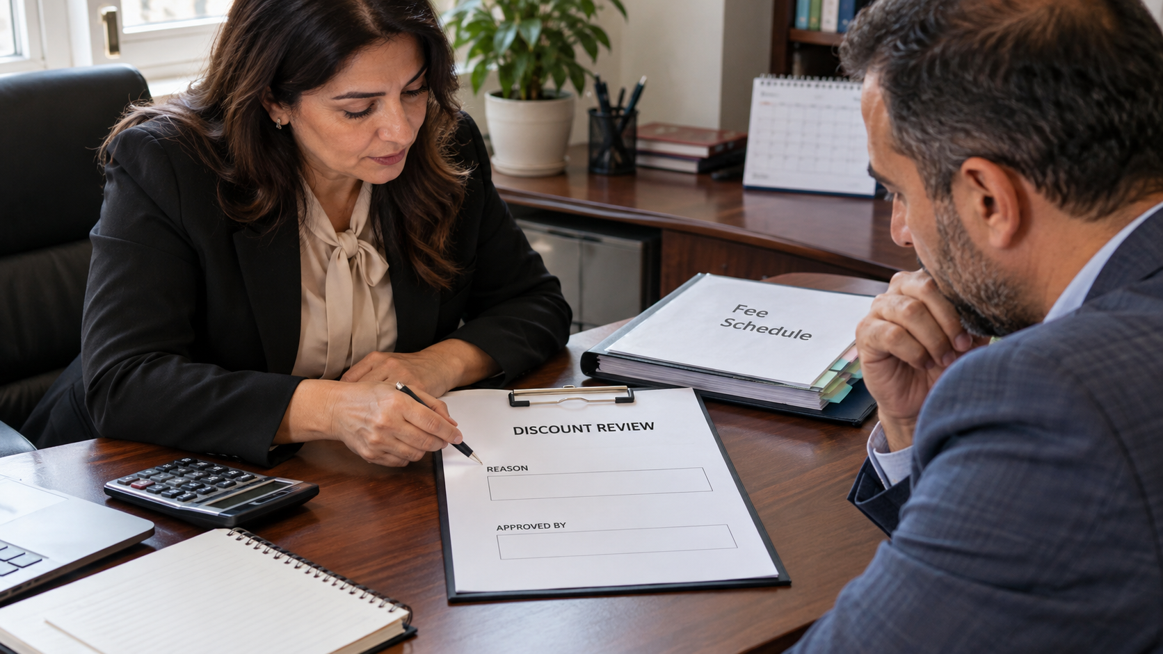 Accountant and school manager reviewing a discount reason and approval authority