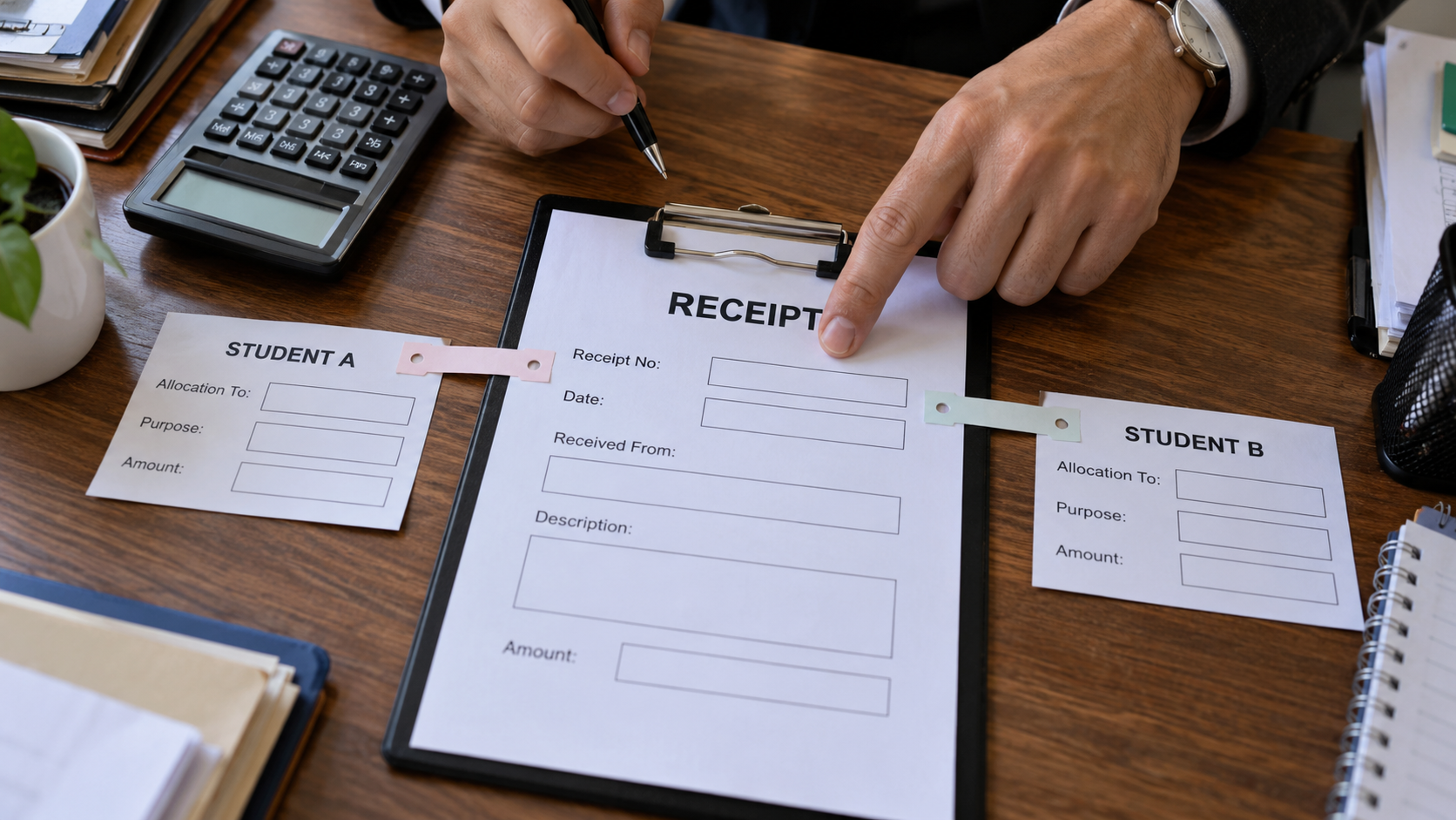 One receipt connected to separate allocation slips for two students
