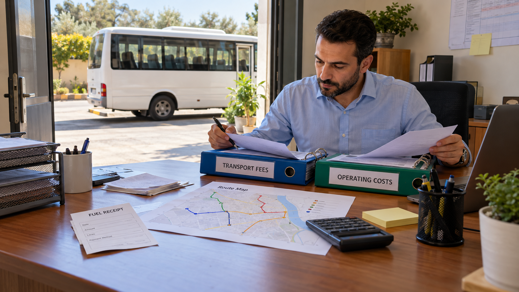 Transport coordinator reviewing separate fee and operating-cost folders beside a parked minibus