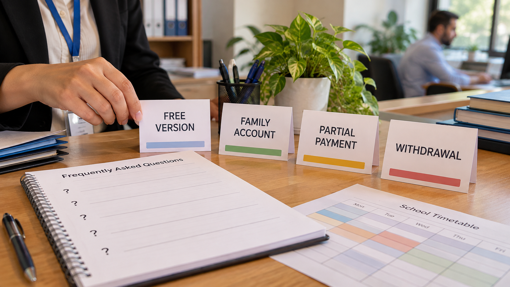 Question cards covering a free version, family accounts, partial payments and withdrawal