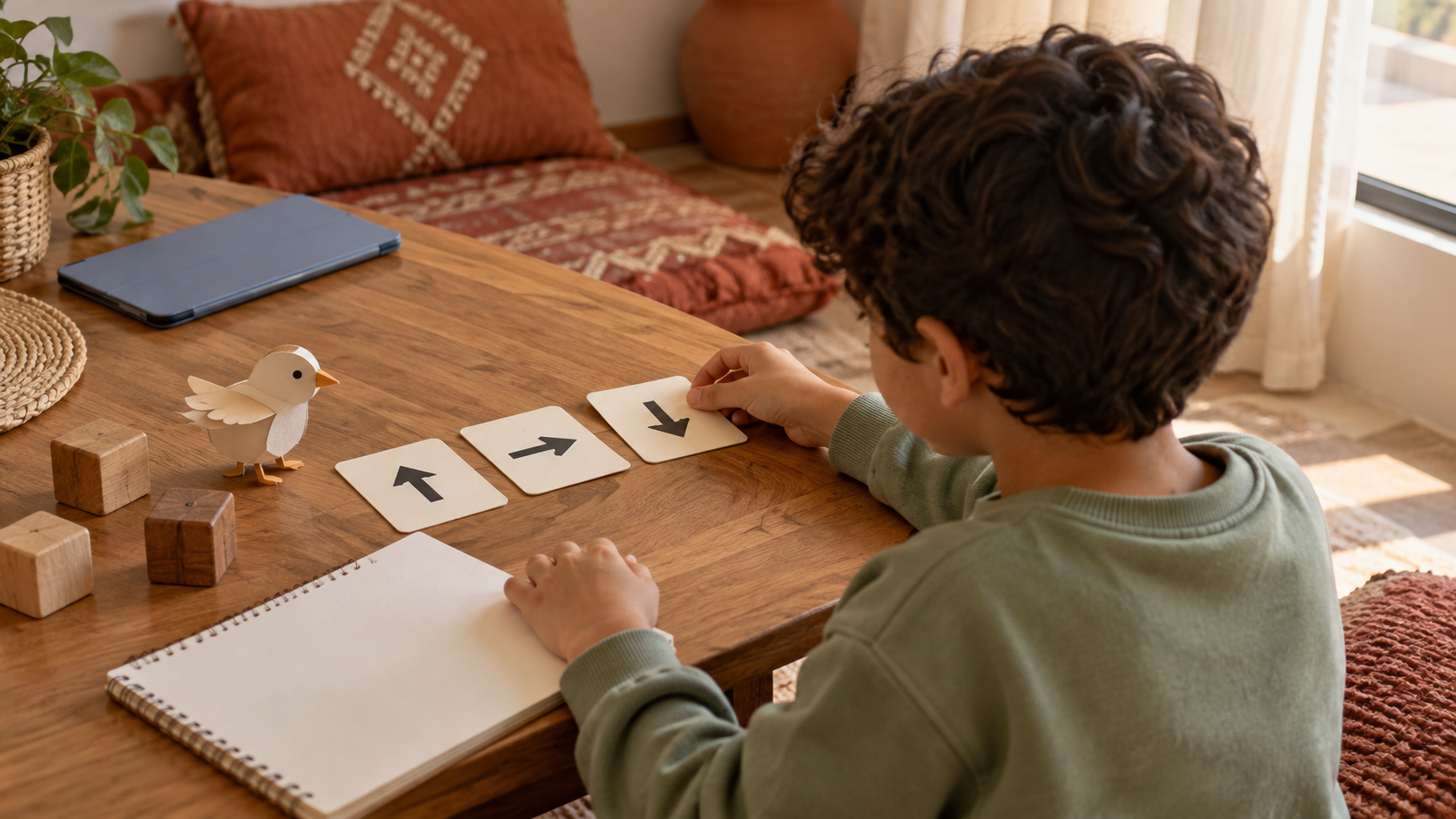 Child arranging arrow cards beside a paper bird and notebook in a generated scene