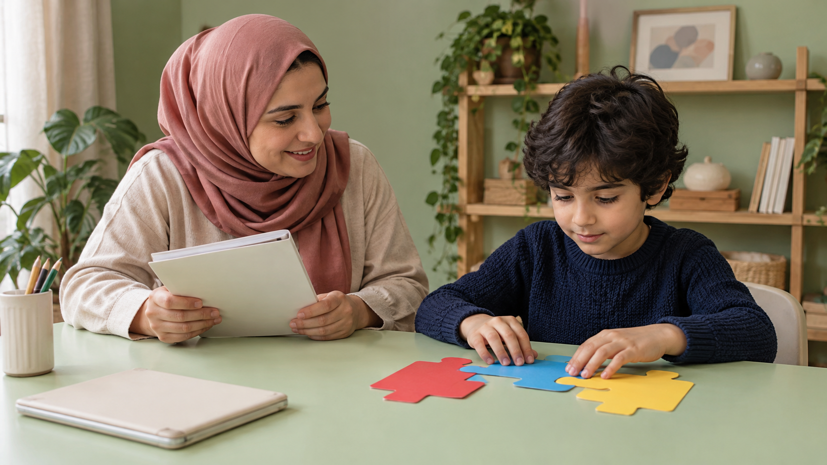 Child and adult reviewing interlocking paper pieces beside a closed device in a generated scene