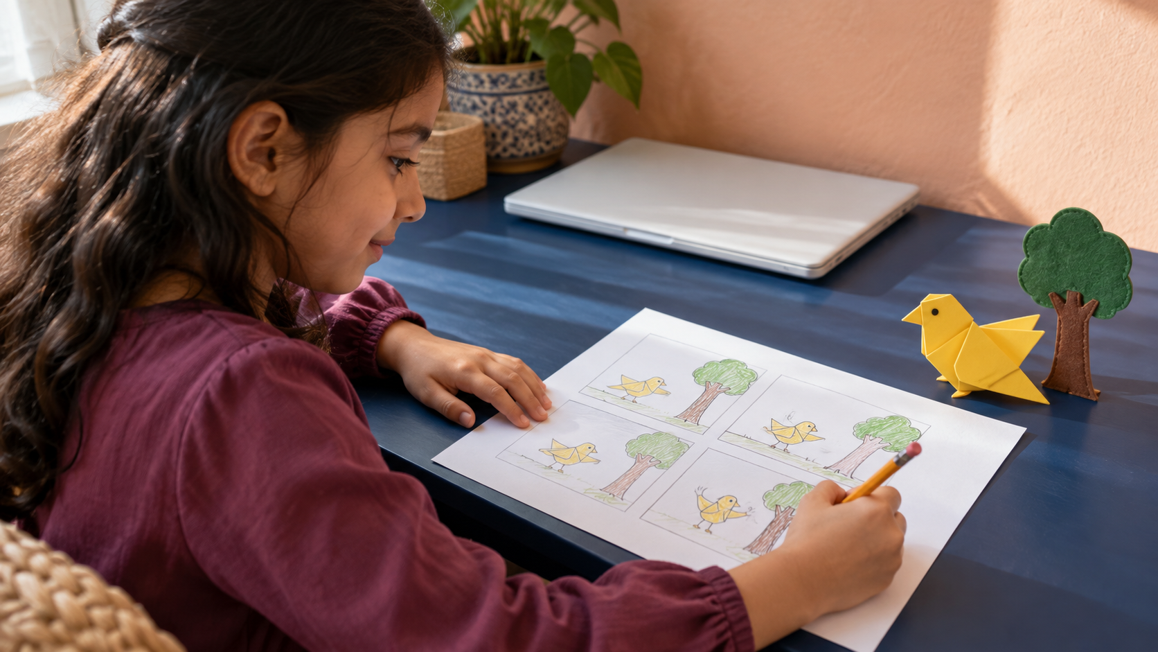 Child drawing four frames of a bird and tree on paper in a generated scene