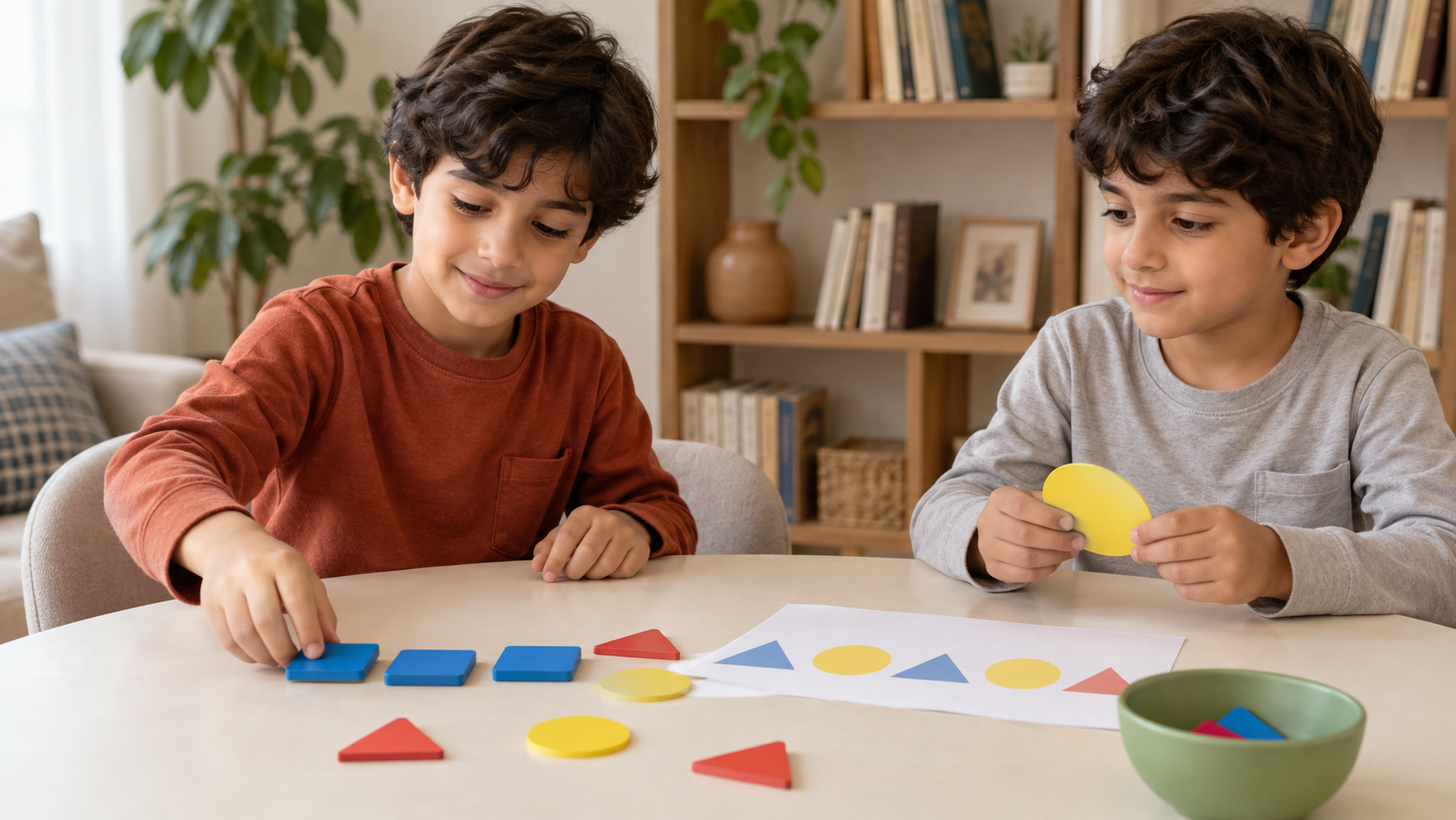 Two children arranging coloured shapes in a generated paper activity