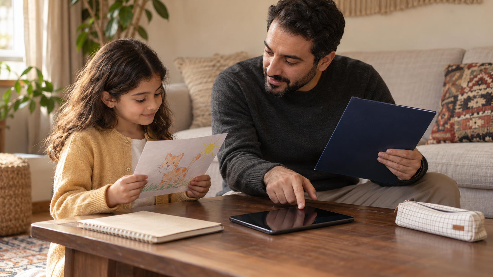Child and adult reviewing a fictional drawing beside an inactive tablet in a generated scene