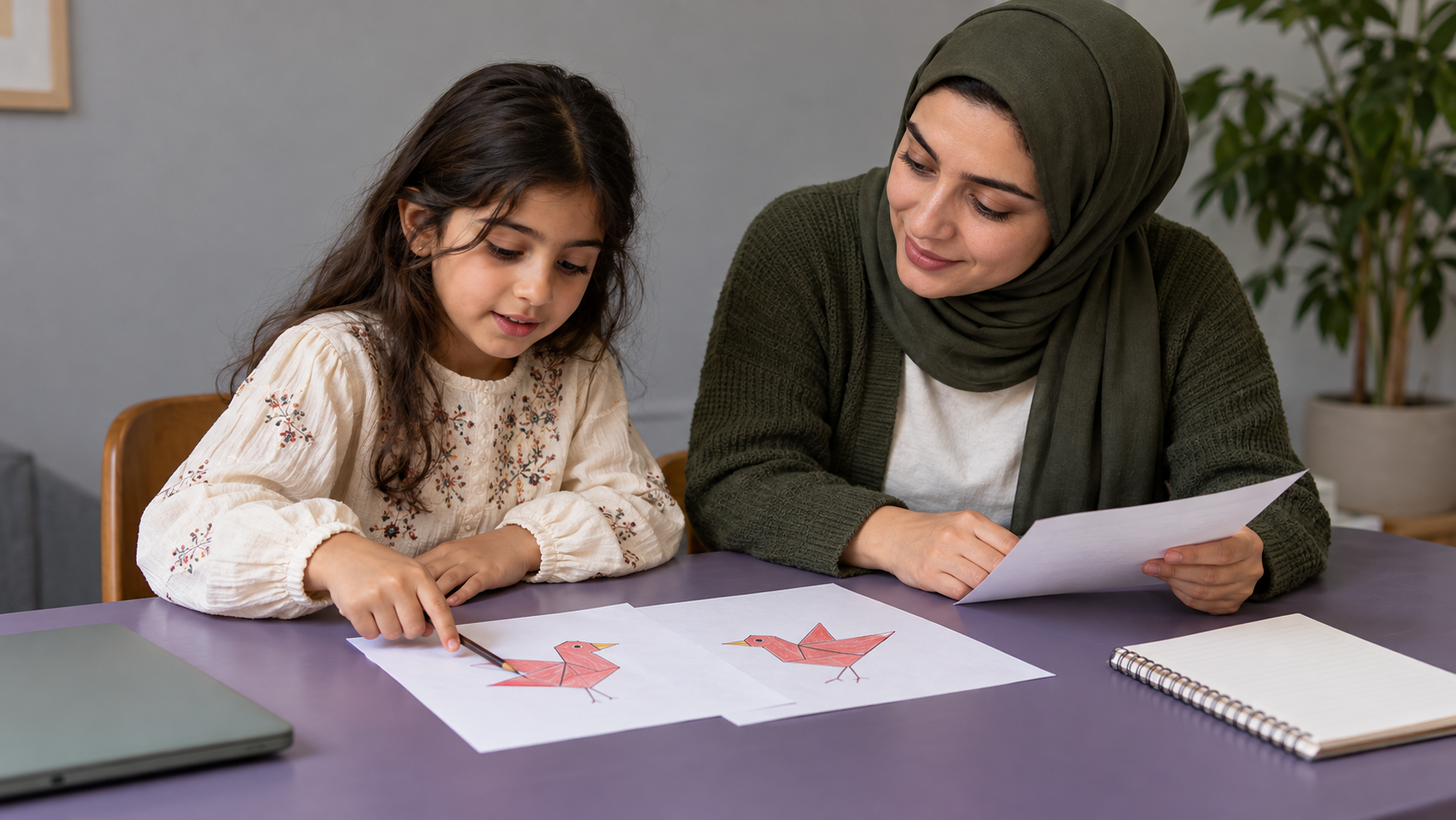 Child and adult comparing two paper bird drawings in a generated scene
