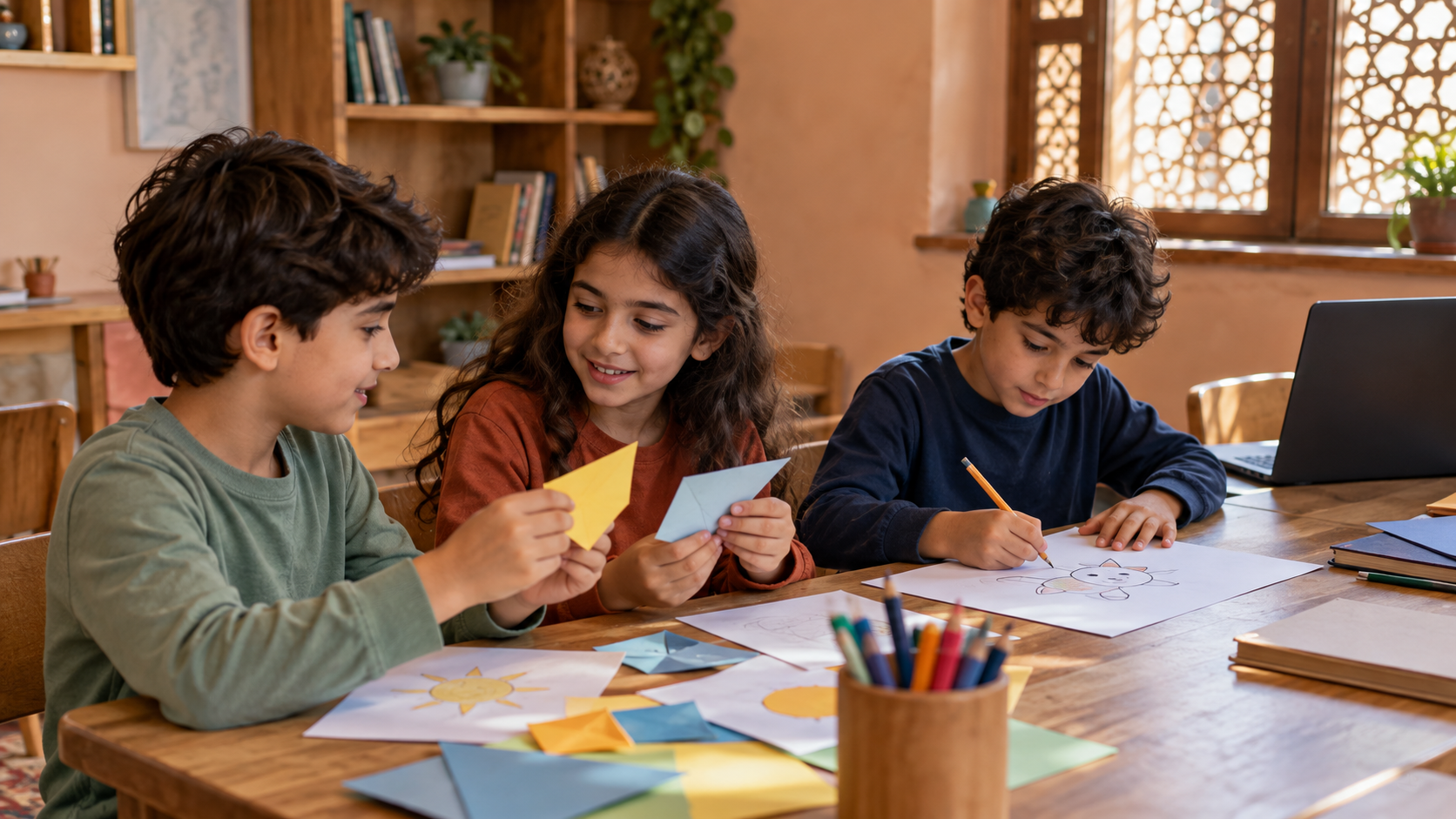 Three children working with paper shapes and drawings in a fictional generated learning room