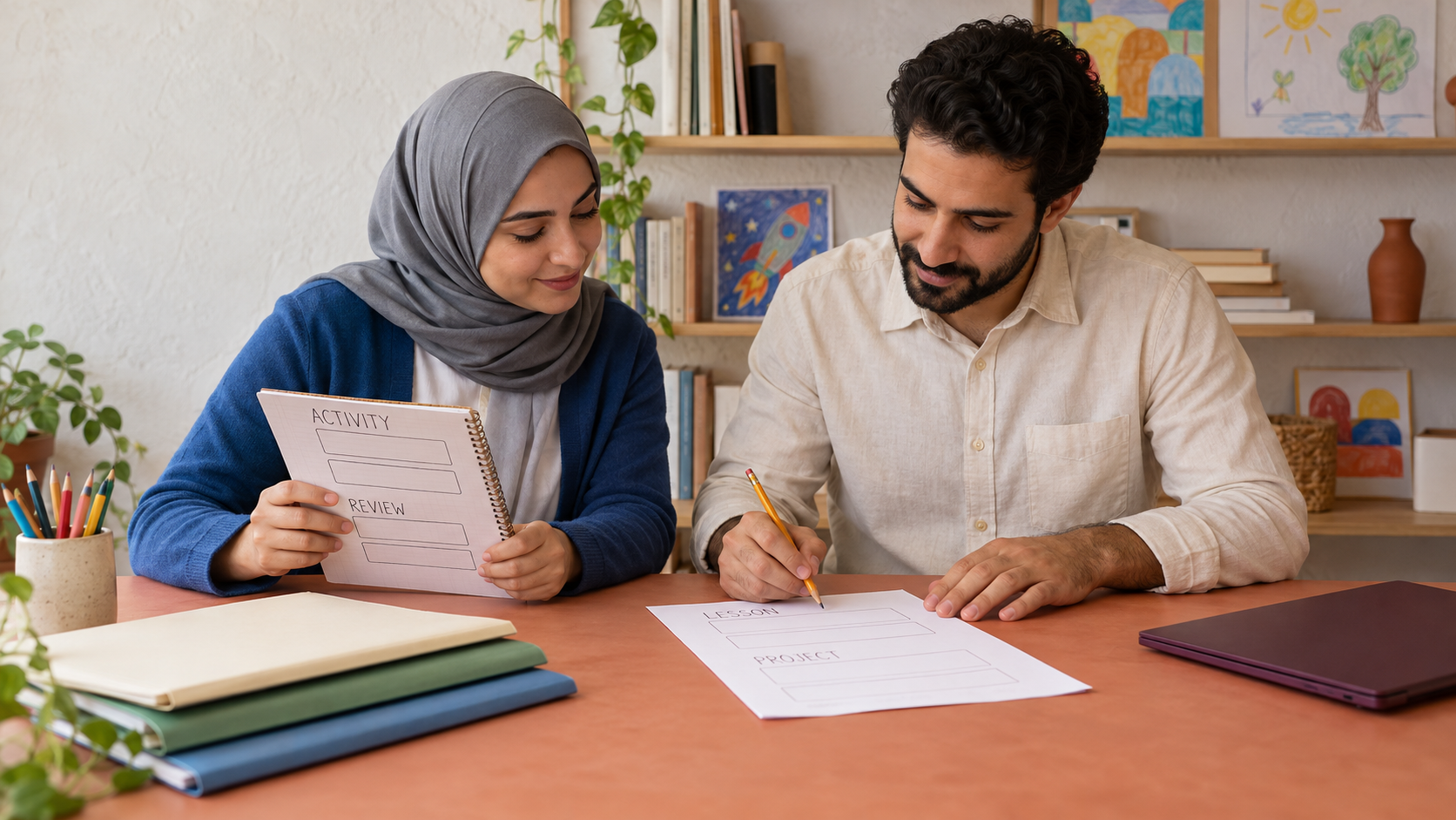 Two adults reviewing activity and project fields on paper in a generated scene