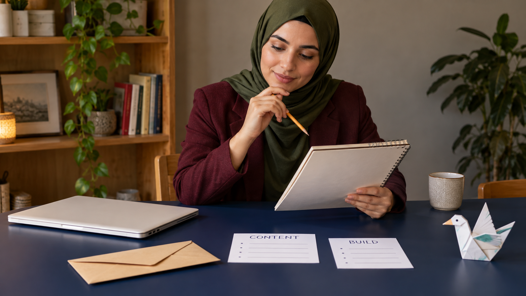 Adult reviewing a notebook beside content and build cards and a paper bird in a generated scene