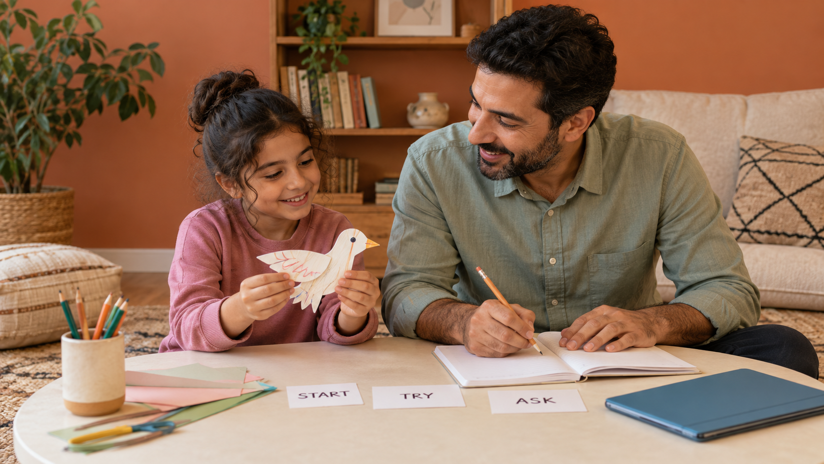 Child and adult discussing a paper bird beside start try and ask cards in a generated scene