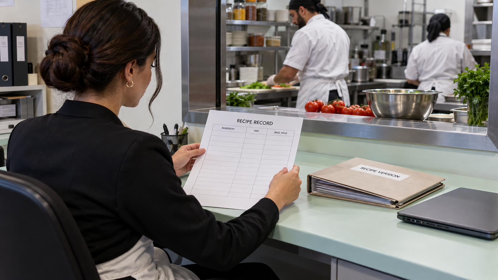 Fictional restaurant manager reviewing an empty recipe record and recipe-version folder