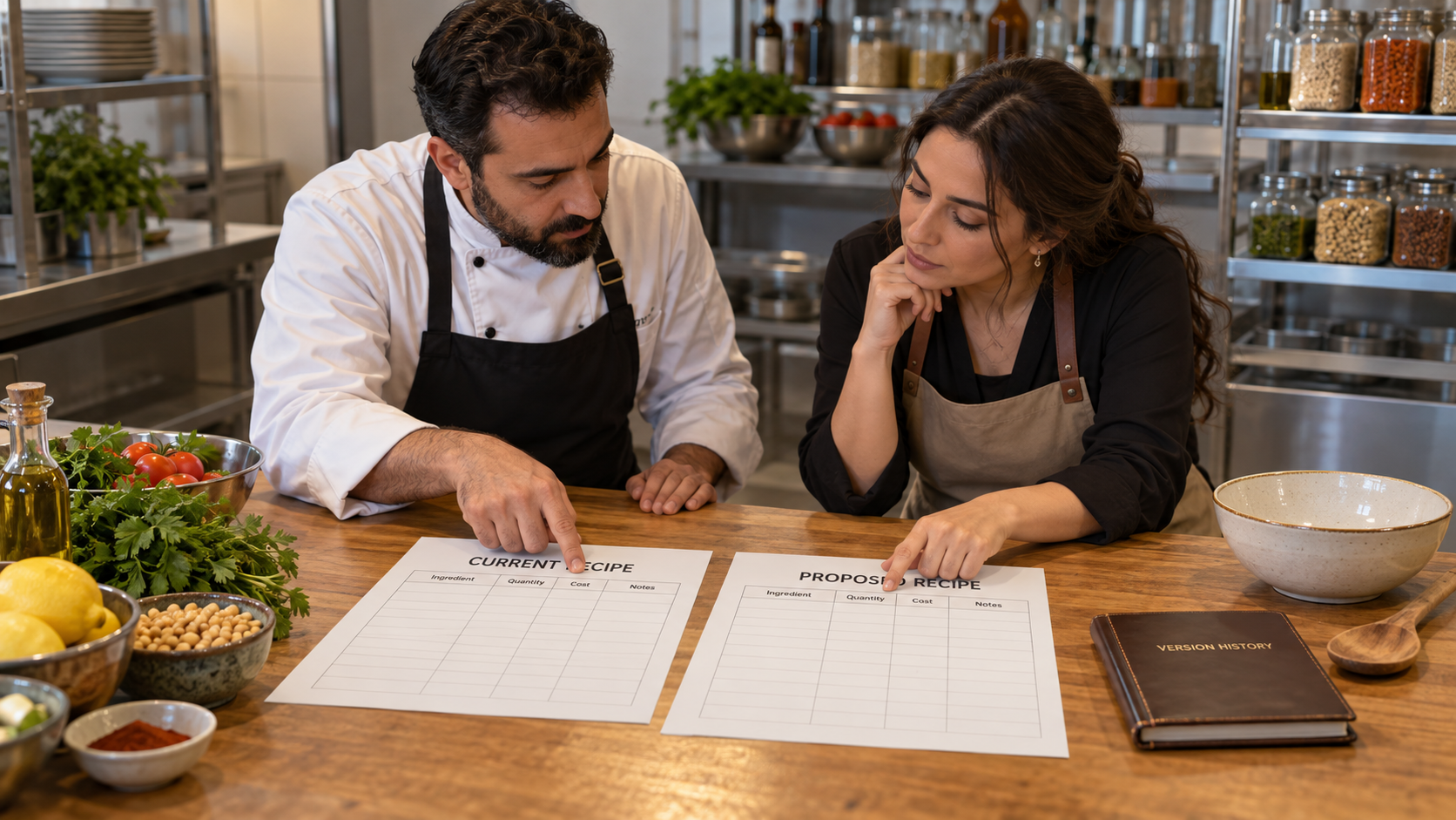 Fictional chef and owner comparing empty current and proposed recipe sheets