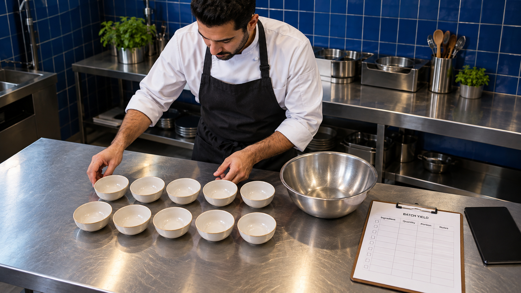 Fictional chef organizing empty portion bowls beside an unfilled batch-yield worksheet