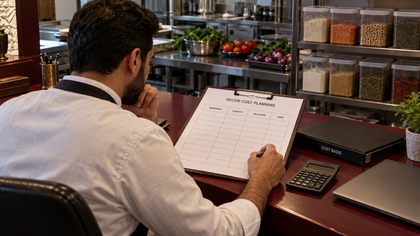 Fictional restaurant owner reviewing an empty ingredient-cost planning grid