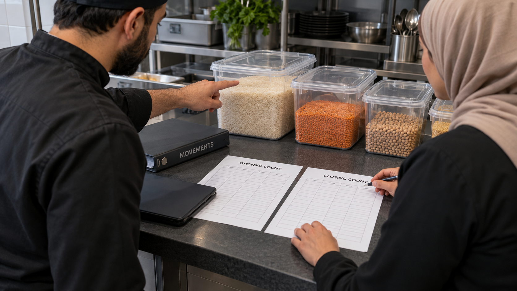 Fictional stockkeeper and manager reviewing empty opening and closing count sheets