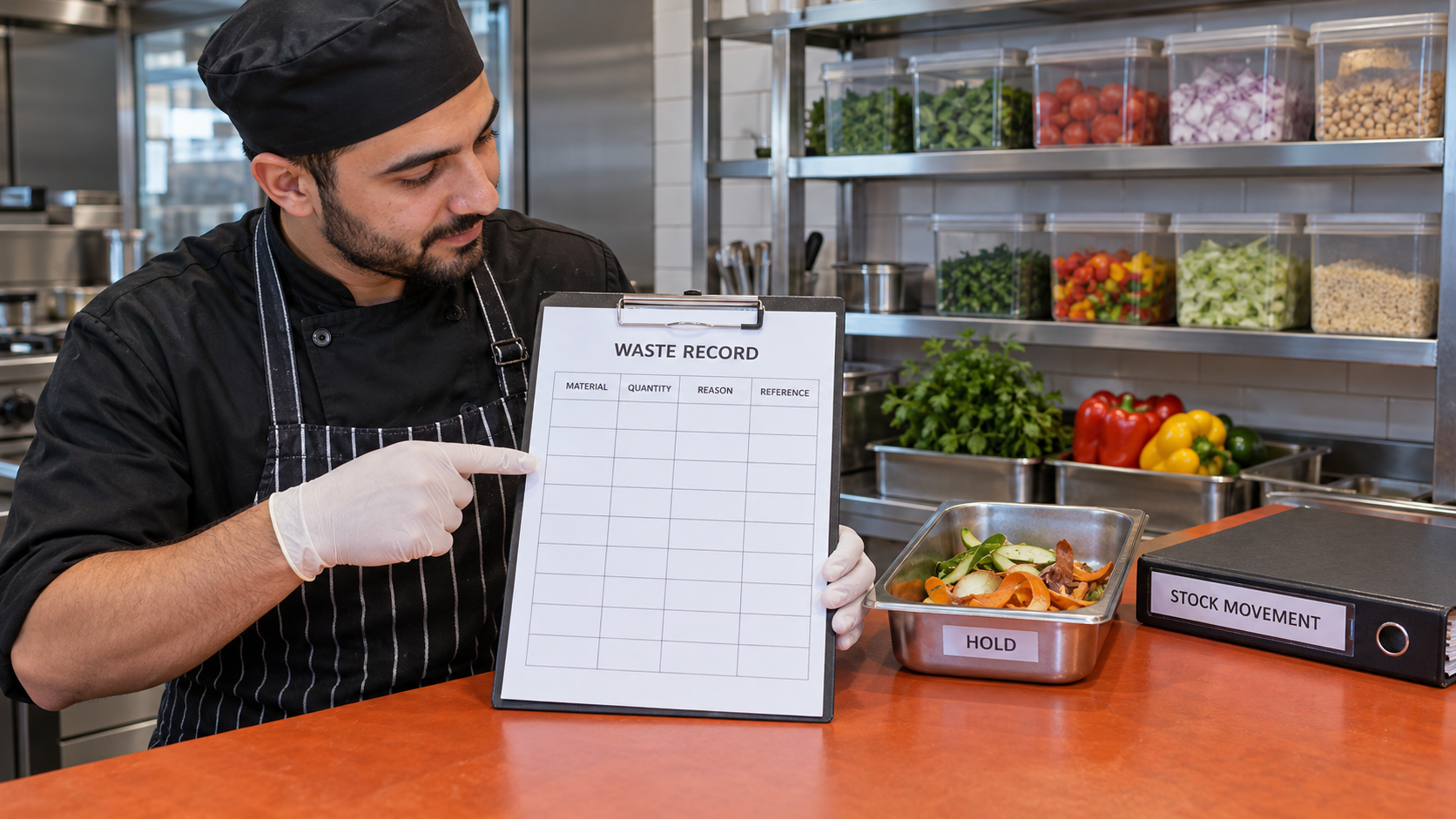 Fictional employee reviewing an empty waste record and separate tray of vegetable peelings